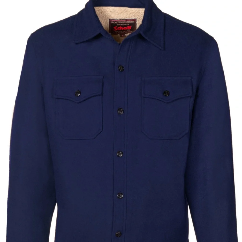 Schott NYC Wool Blend Shirt Jacket with Sherpa Large in Blue